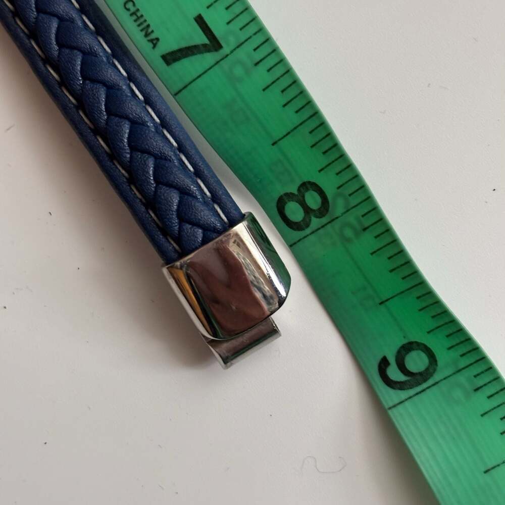 Men's LYNX Stainless Steel & Navy Braided Leather Bracelet - Picture 8 of 8